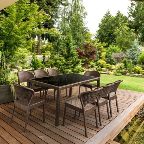 Daytona Wickerlook Glass Top Rectangle Dining Set 9 Piece with Brown ISP8185S-BR