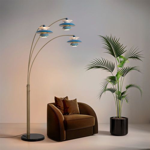 Palm Springs 84" 3 Light Arc Lamp in Weathered Brass and Bluetone Shades 2310825B