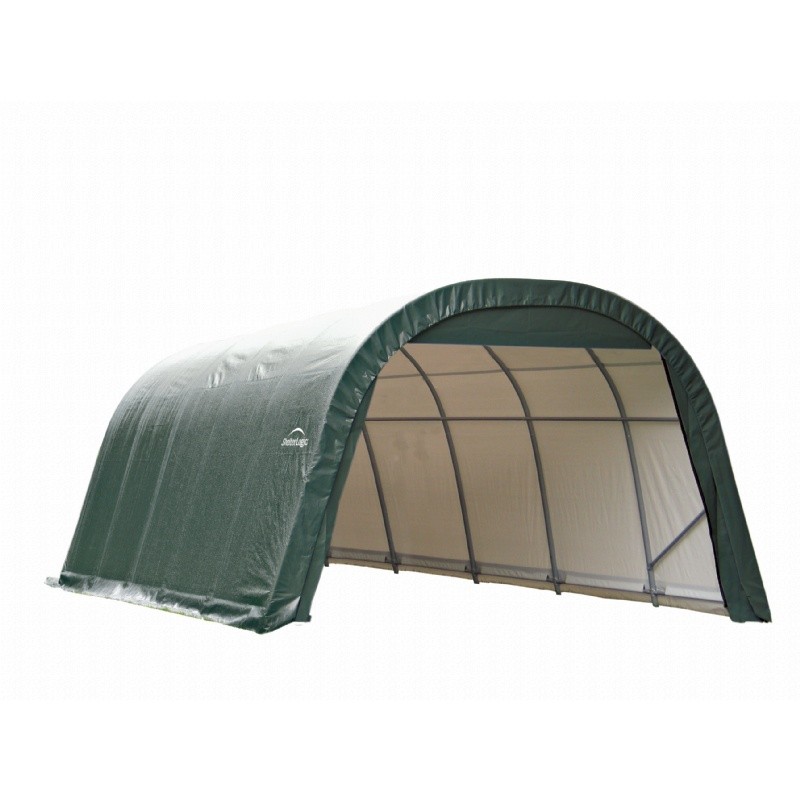Round Style Storage Shelter, 15/8" Frame, Green Cover 12 × 28 × 8 ft