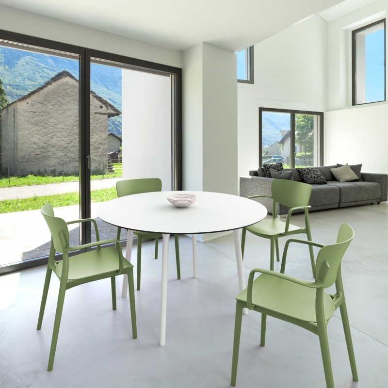 Lisa Patio Dining Set with Olive Green Chairs and White Maya Round