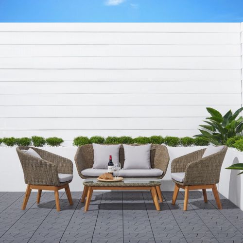 Grayton Outdoor Wicker & Wood 4-Piece Seating Set in Light Gray V1910