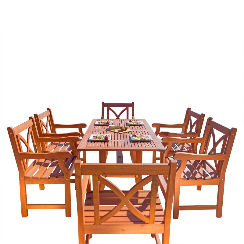 Malibu Outdoor 7Piece Wood Patio Dining Set with Curvy Leg Table