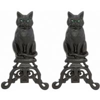 Black Cast Iron Cat Andirons With Reflective Glass Eyes BR-A-1251