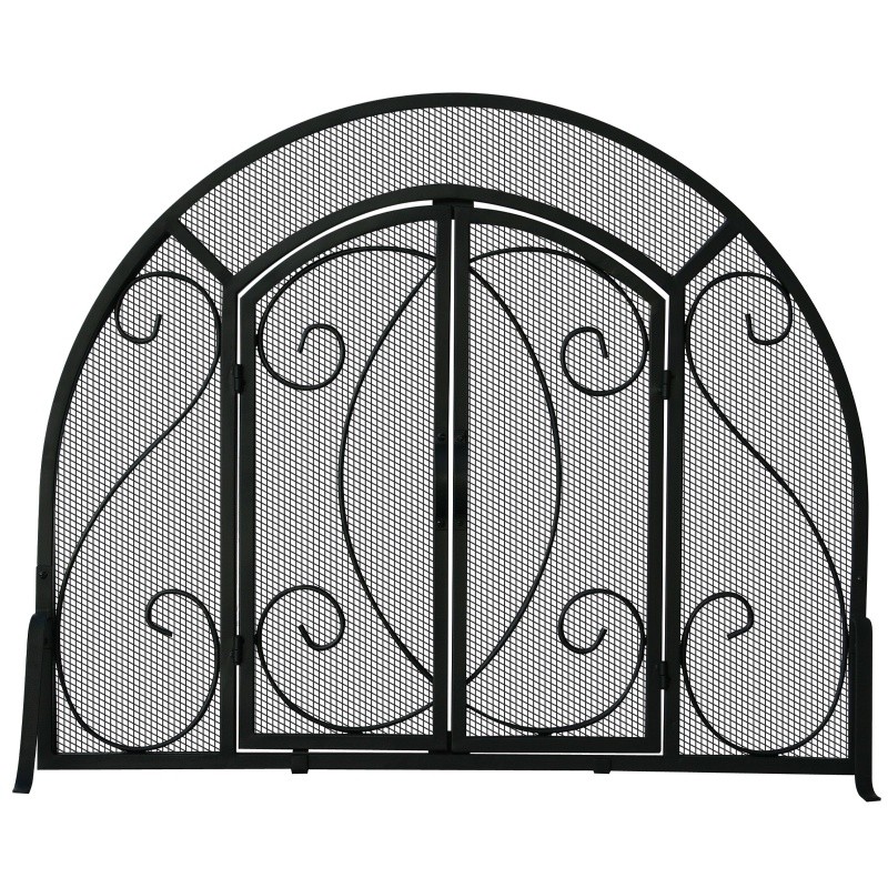 Single Panel Black Wrought Iron Ornate Screen With Doors BRS1096