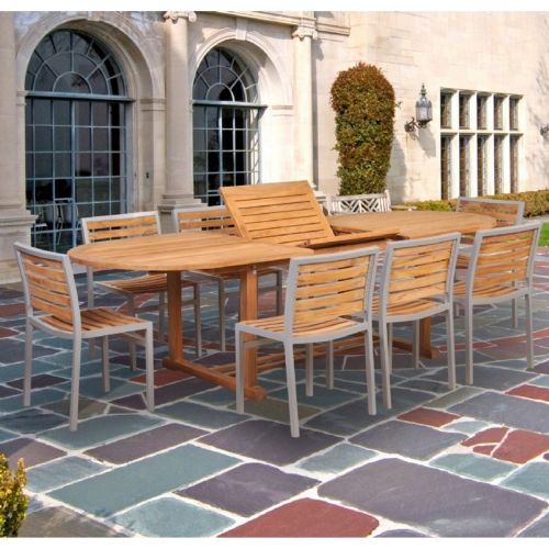 Modern Teak Aluminum Patio Dining Set 9 Piece with 96 inch Table CA-TSET-50-UC-91