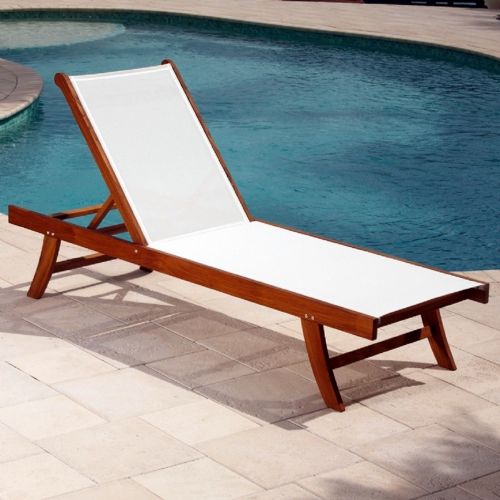 Teak Outdoor Chaise Lounge with White Mesh Sling INF1859