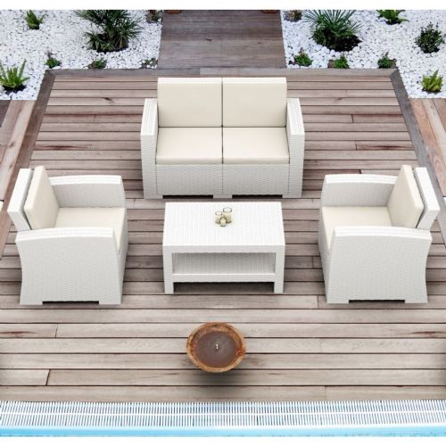 Monaco Wickerlook 4 Piece Loveseat Deep Seating Set White with Cushion ISP835-WH
